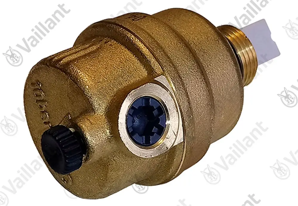 Vaillant Schnellentlüfter in metallischer Ausführung mit einer Einstellmöglichkeit und Anschlussgewinde, montiert an Heizungsanlagen zur Luftentfernung.